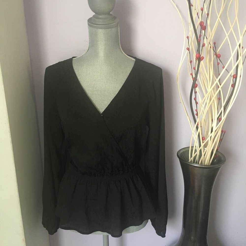 Leith Black Faux Wrap Peplum Floral Blouse
